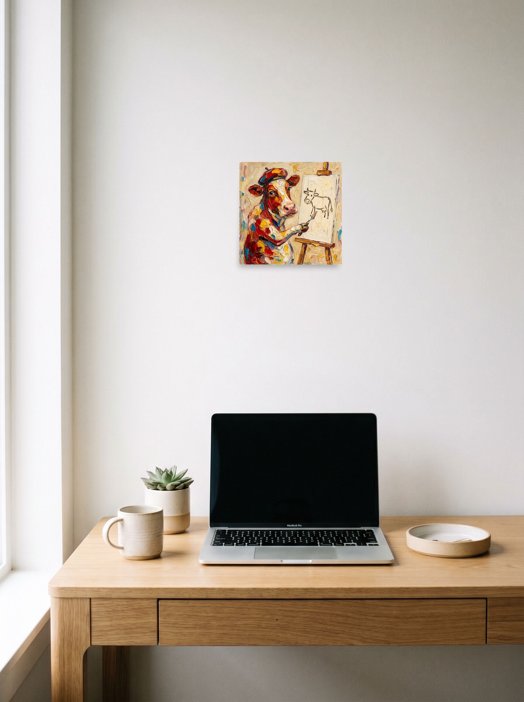 A 10x10 inch unframed paper Post-Impressionism print of 'The Bovine Artist' hanging above a worktable with a laptop.
