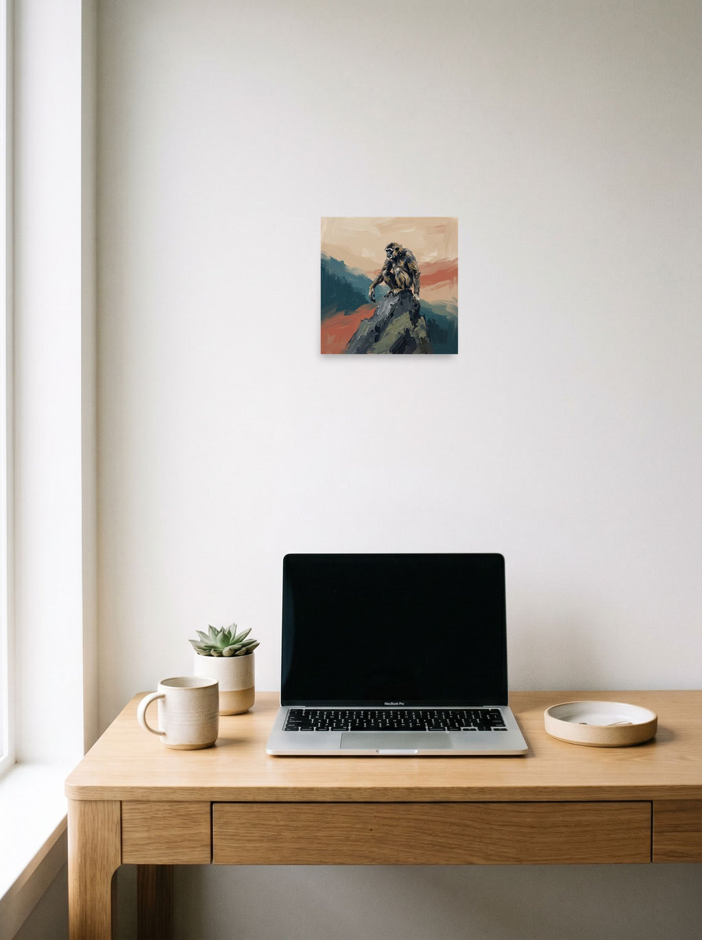 Mockup of 'Sun Wukong on the Peak' as a 10x10 inch unframed paper print, hanging above a worktable with a laptop.