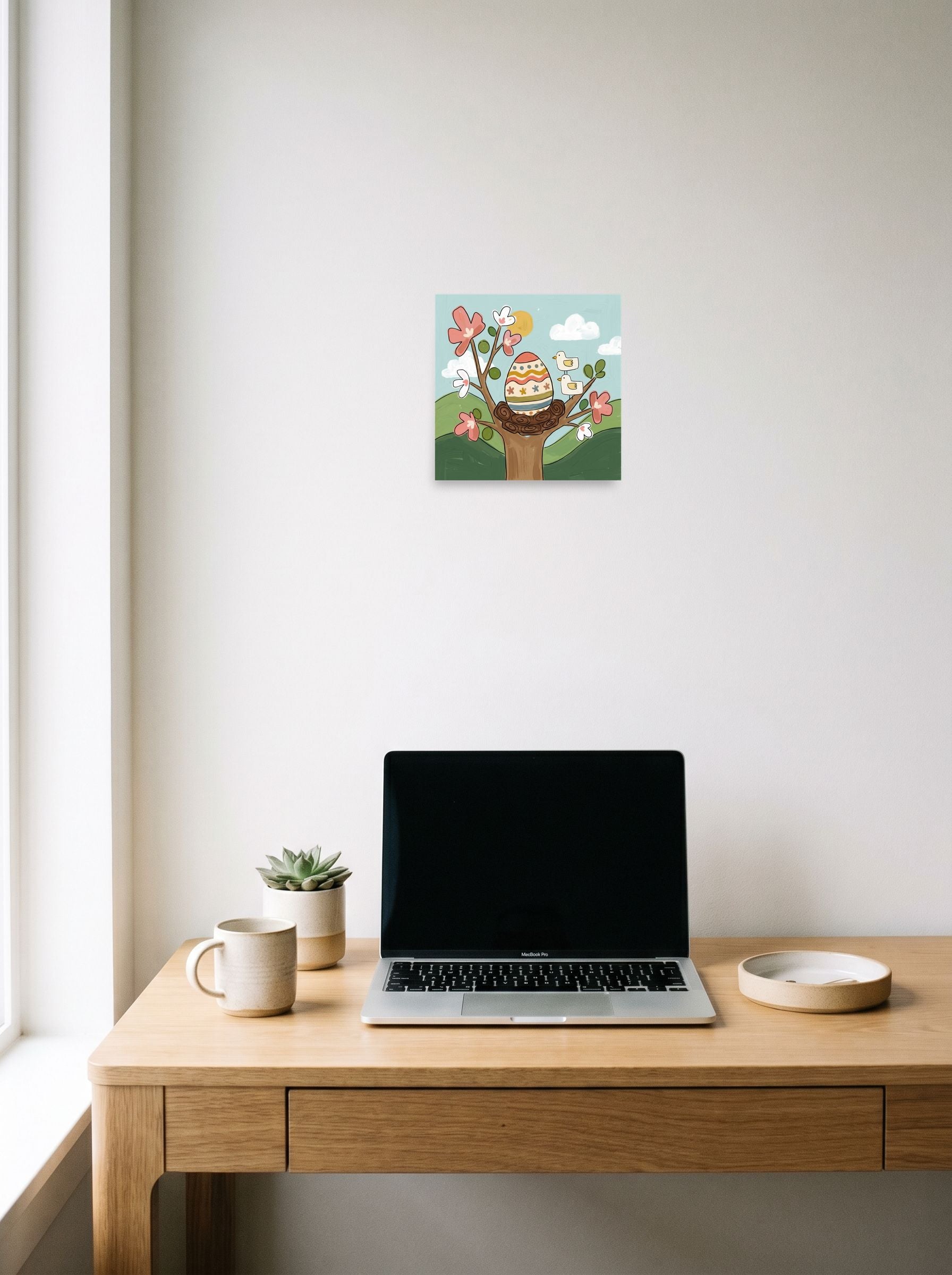 A 10x10 inch unframed paper Naive art print of 'Springtime Nest' hanging above a worktable with a laptop.