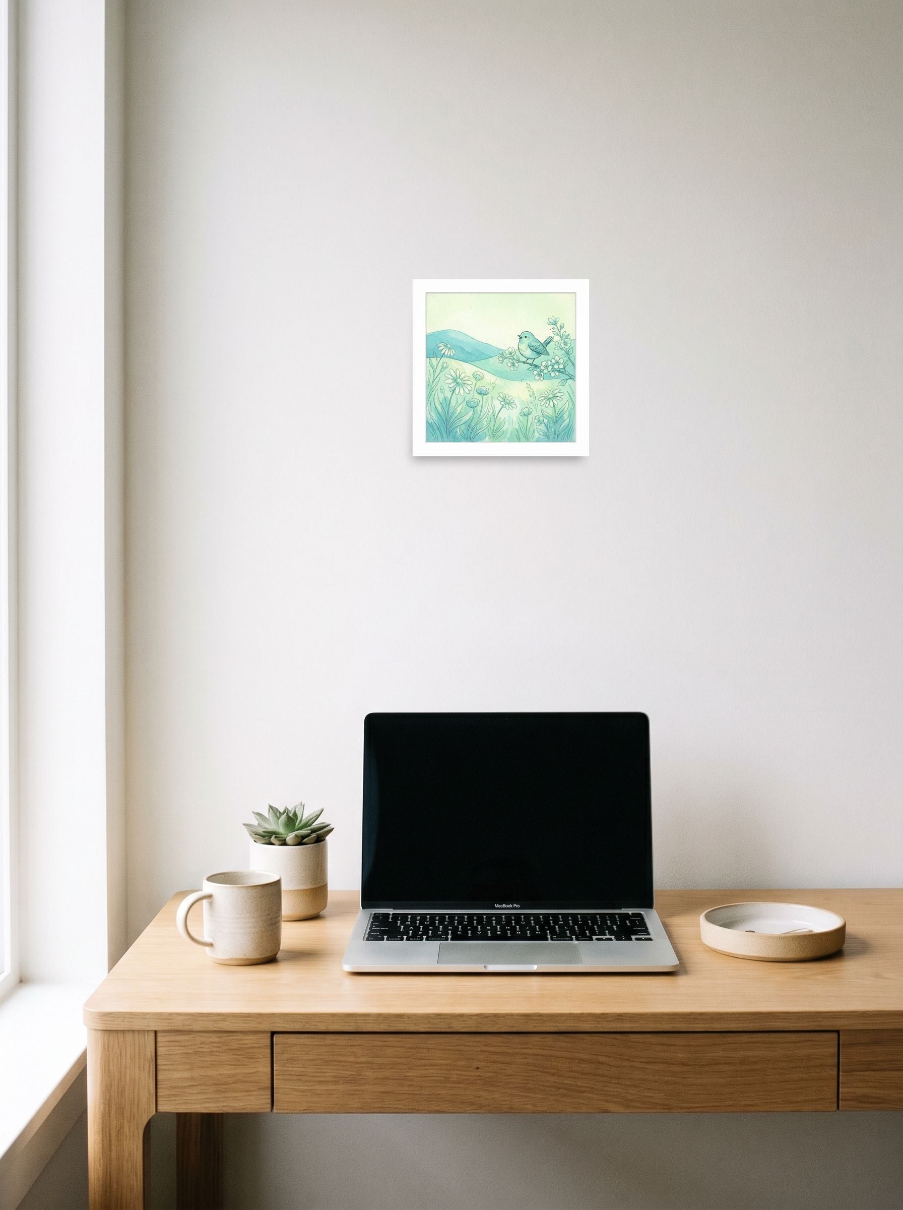 A 10x10 inch unframed paper Naive art,Folk art print of 'Springtime Serenade' hanging above a worktable with a laptop.