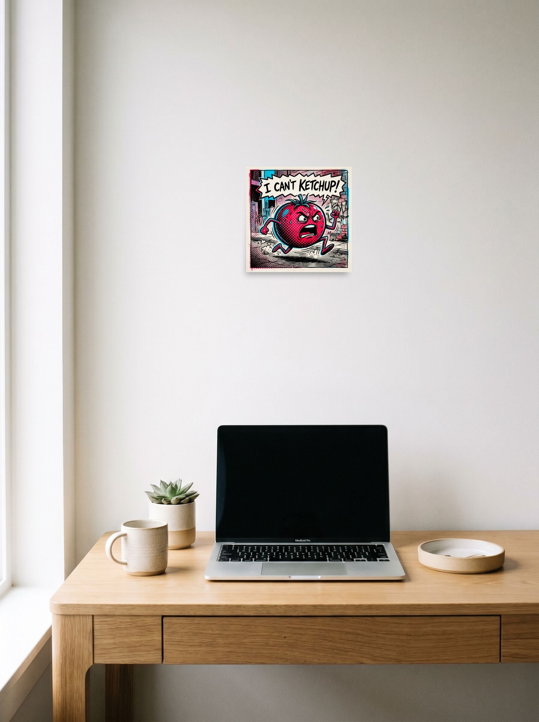 Pop art wall art 'Can't Ketchup', unframed paper at 10x10 inch, styled above a home-office workspace.