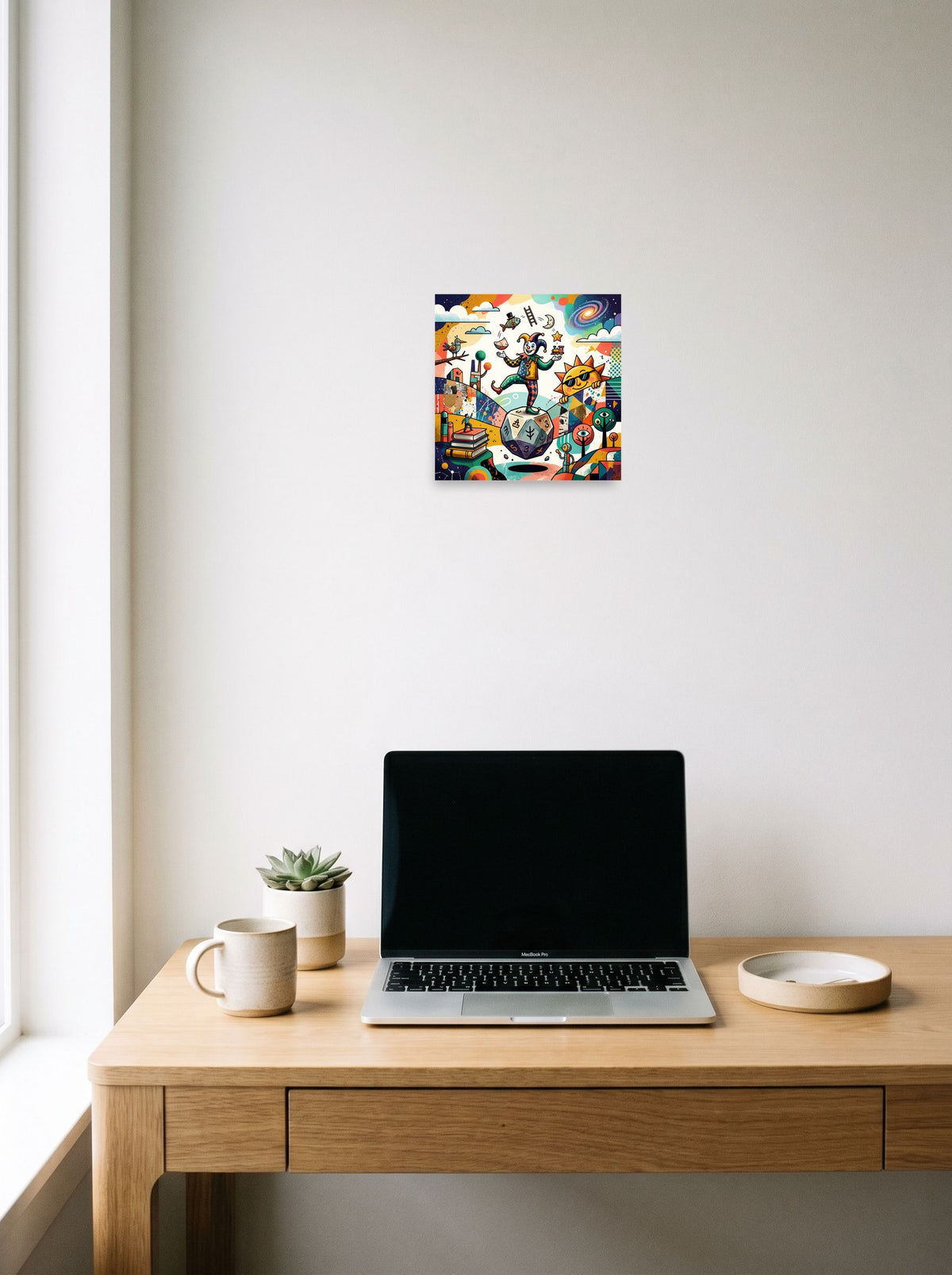 'The Cosmic Juggler' styled above a home-office workspace. A 10x10 inch unframed paper Dau-al-Set print.