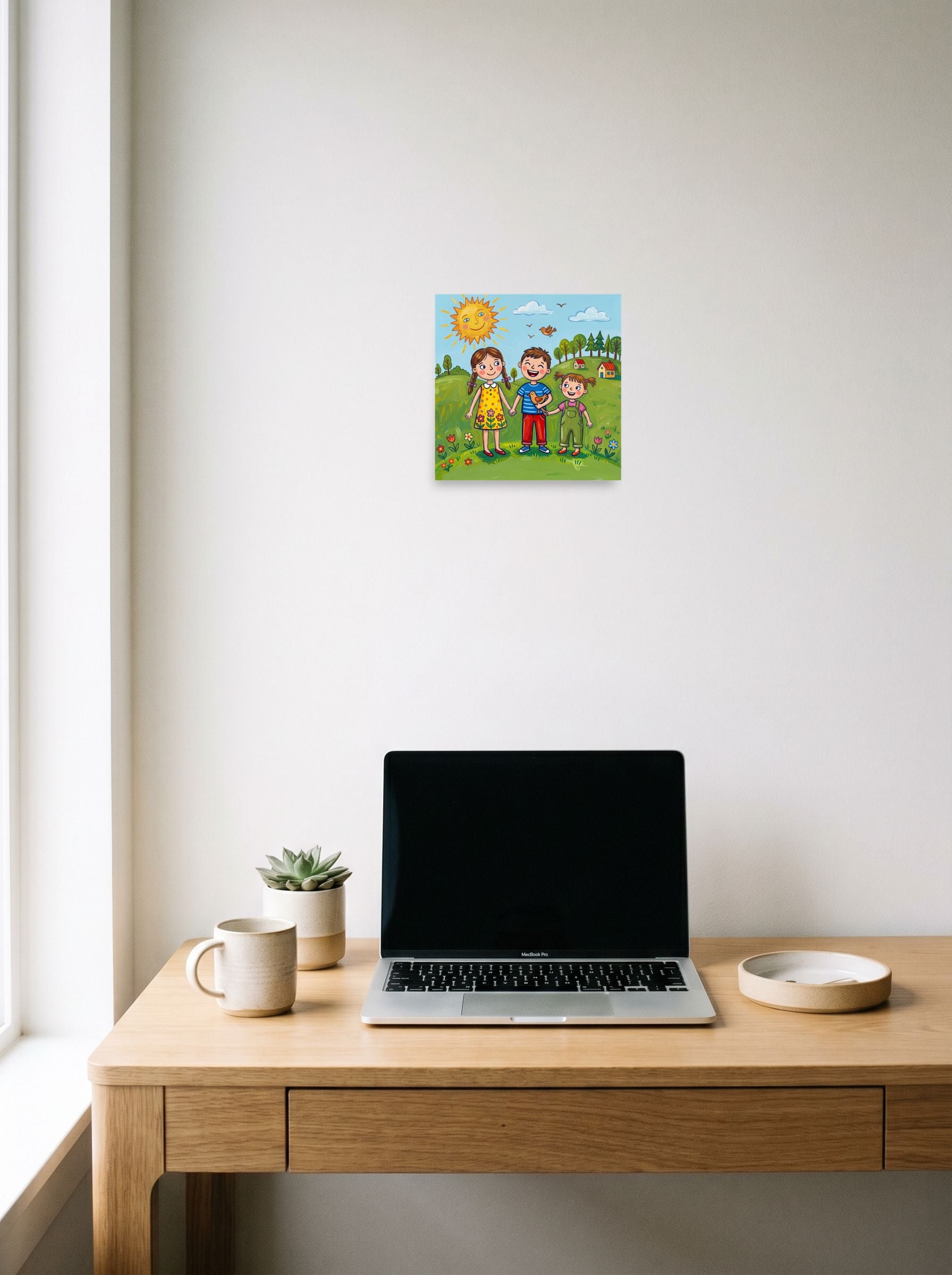 A 10x10 inch unframed paper Naive art print of 'Friends in the Sun' hanging above a worktable with a laptop.