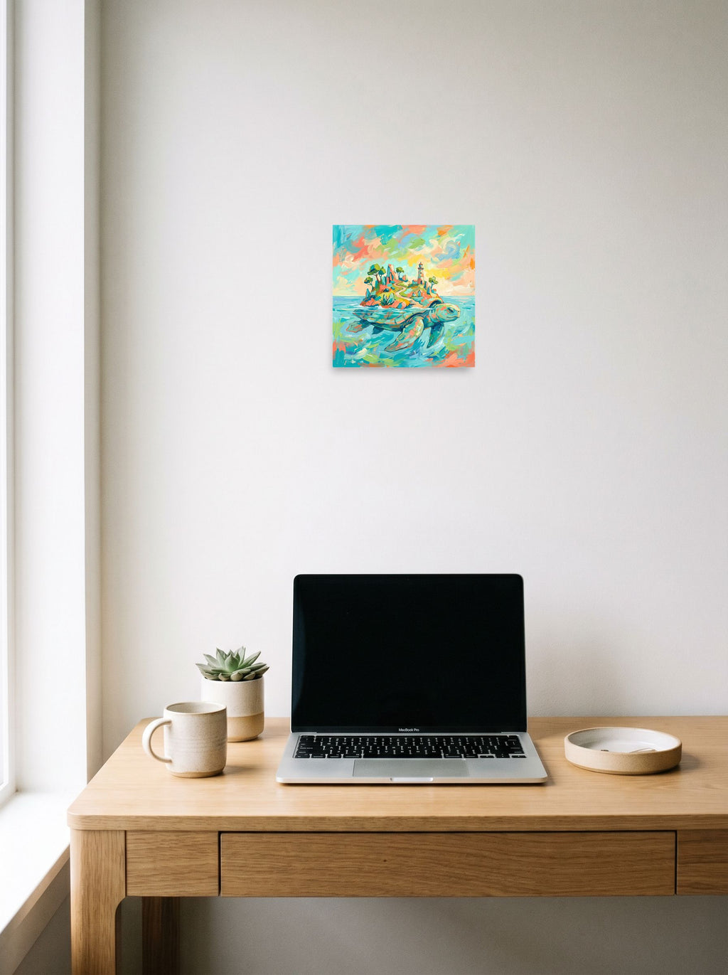 Mockup of 'Sanctuary of the World Turtle' as a 10x10 inch unframed paper print, hanging above a worktable with a laptop.