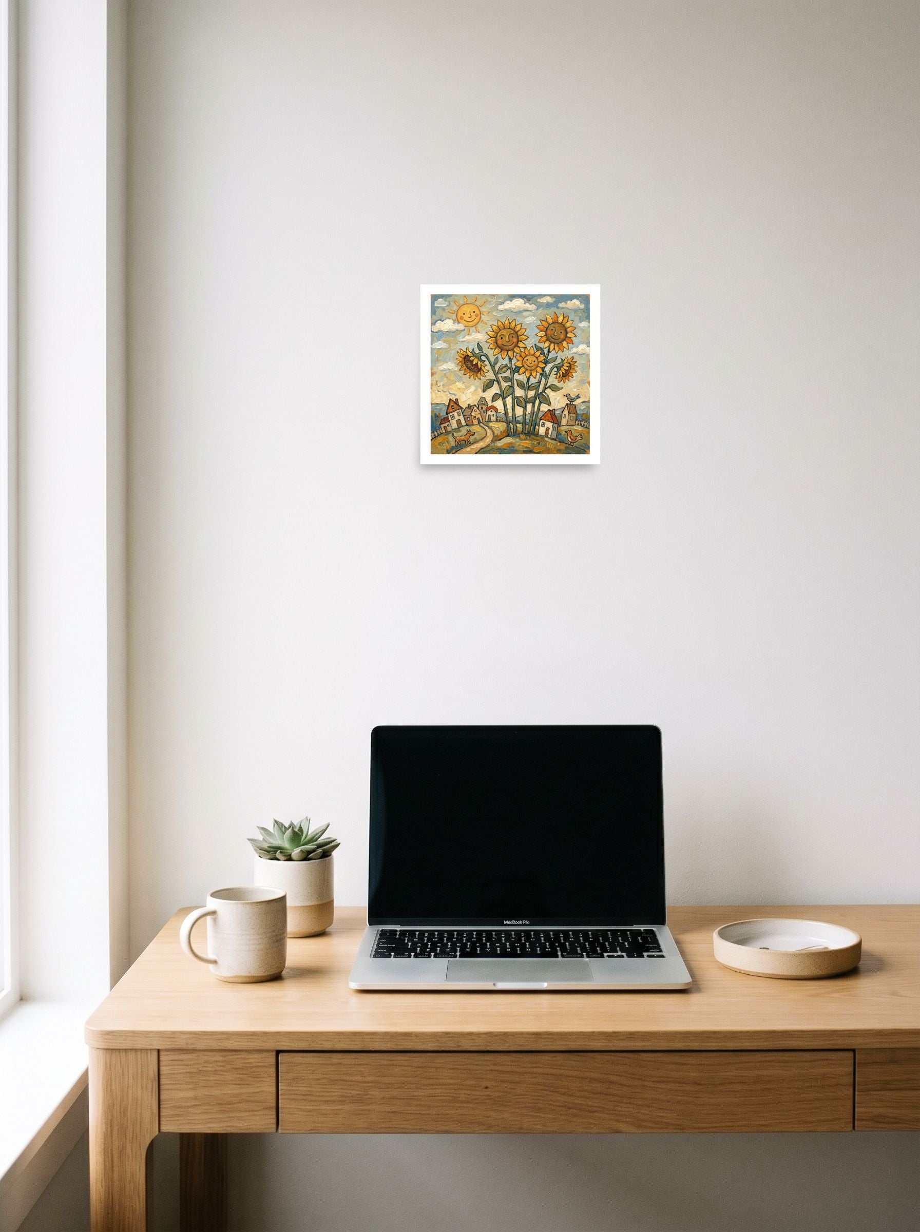 A 10x10 inch unframed paper Naive art print of 'Smiling Sunflowers' hanging above a worktable with a laptop.