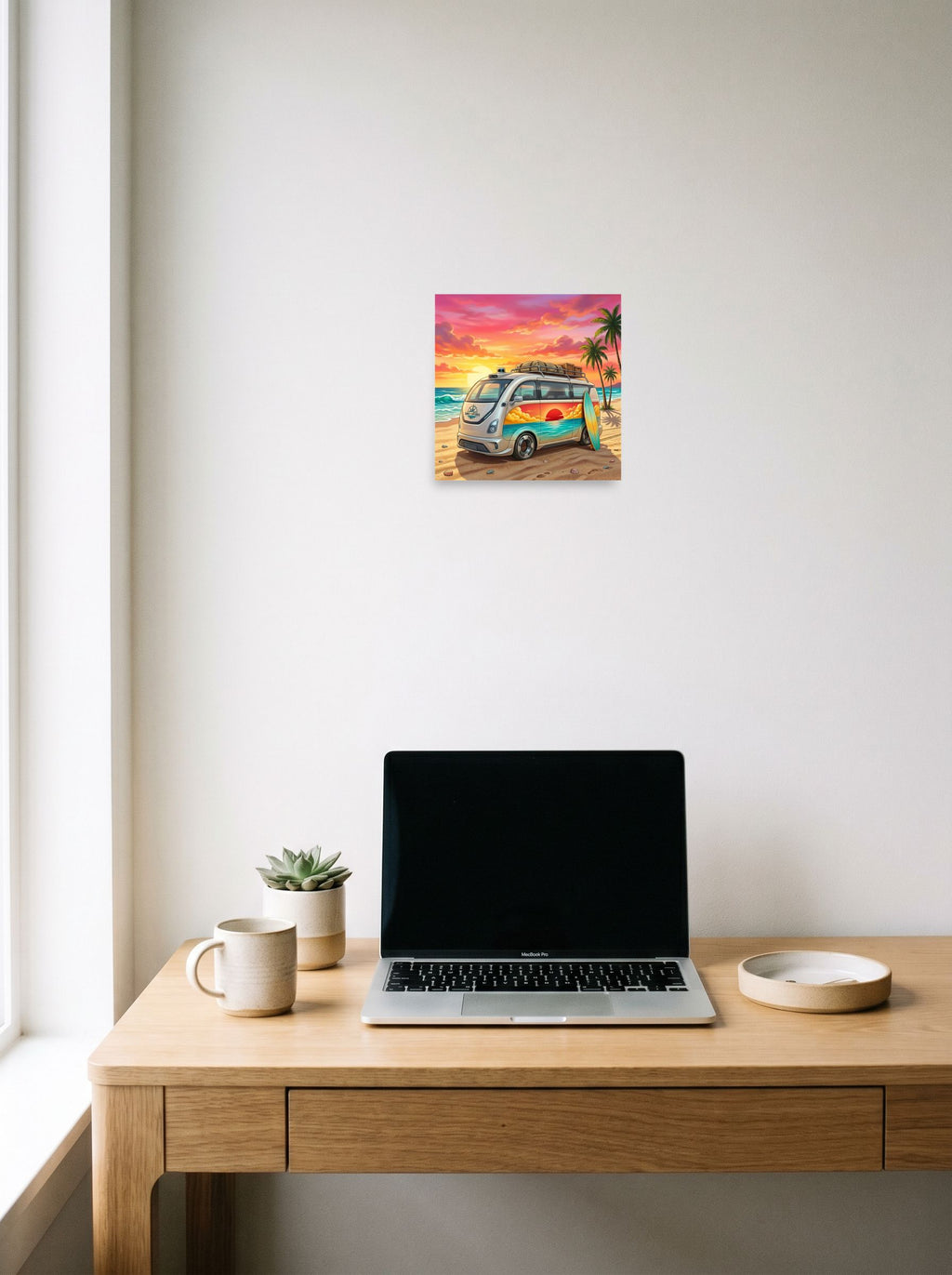 A 10x10 inch unframed paper Pop art print of 'Endless Summer Van' hanging above a worktable with a laptop.