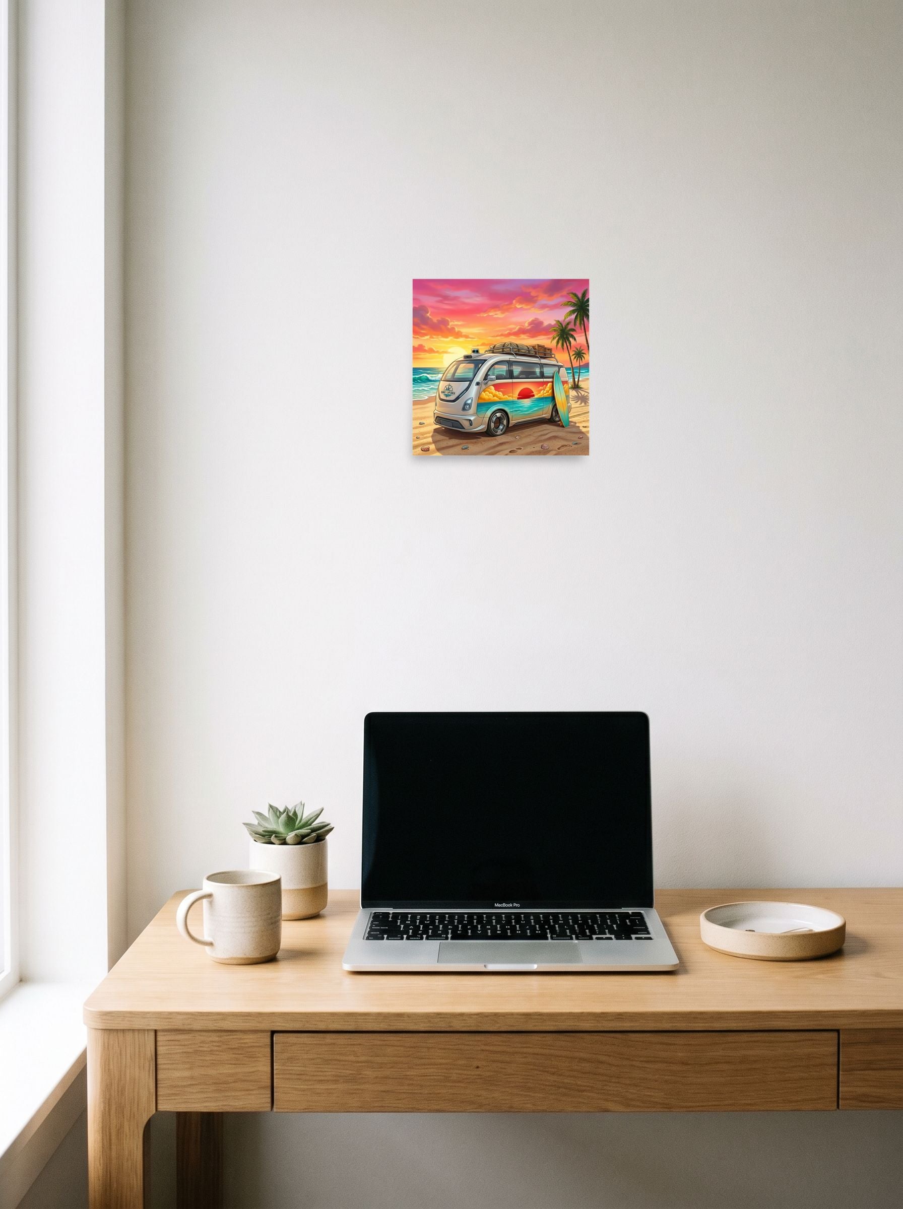 A 10x10 inch unframed paper Pop art print of 'Endless Summer Van' hanging above a worktable with a laptop.