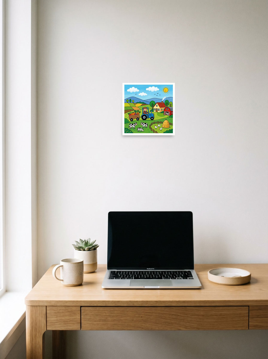 A 10x10 inch unframed paper Naive art print of 'A Day on the Farm' hanging above a worktable with a laptop.
