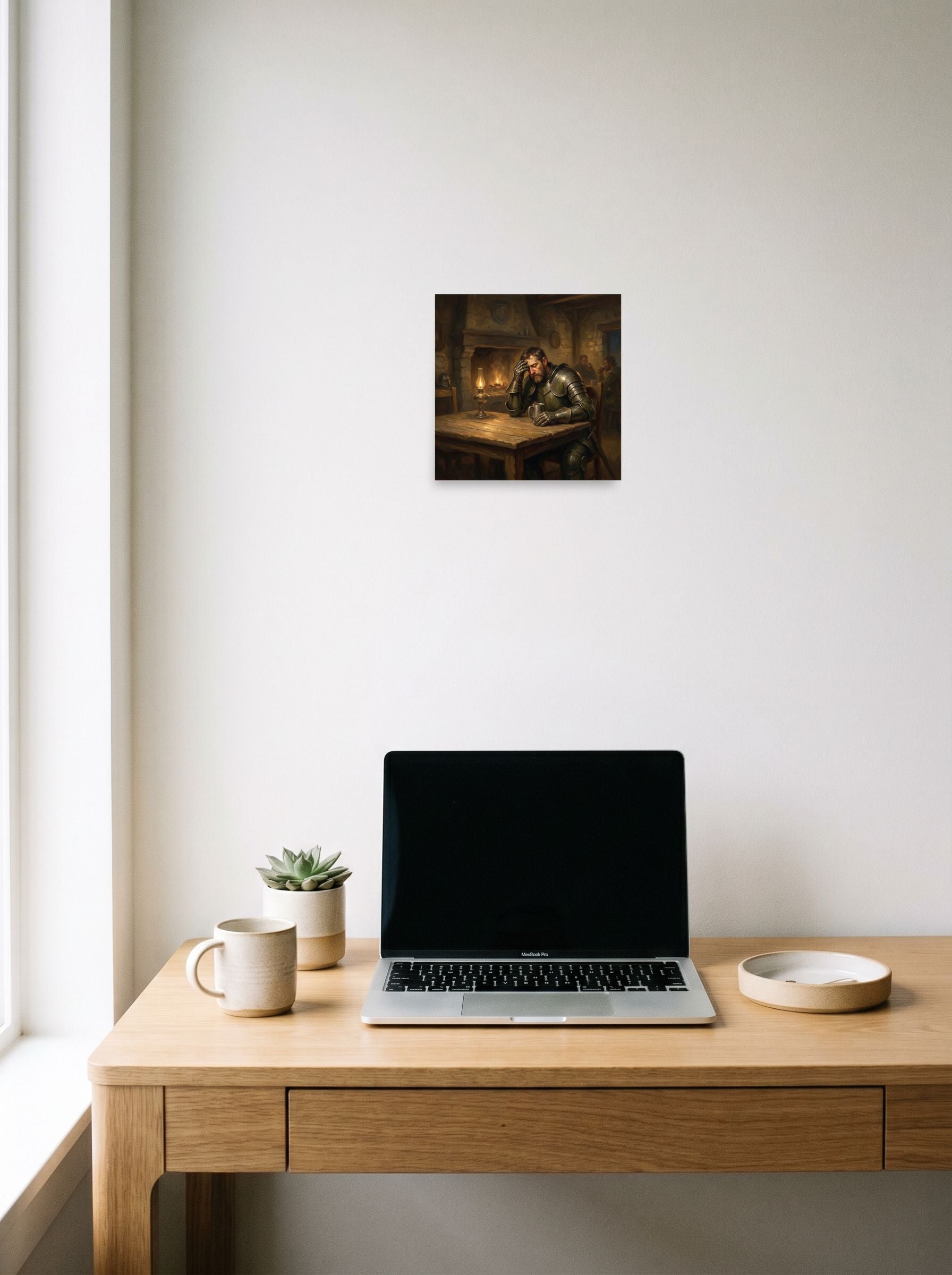 A 10x10 inch unframed paper Realism print of 'The Weary Knight', hanging above a worktable with a laptop.