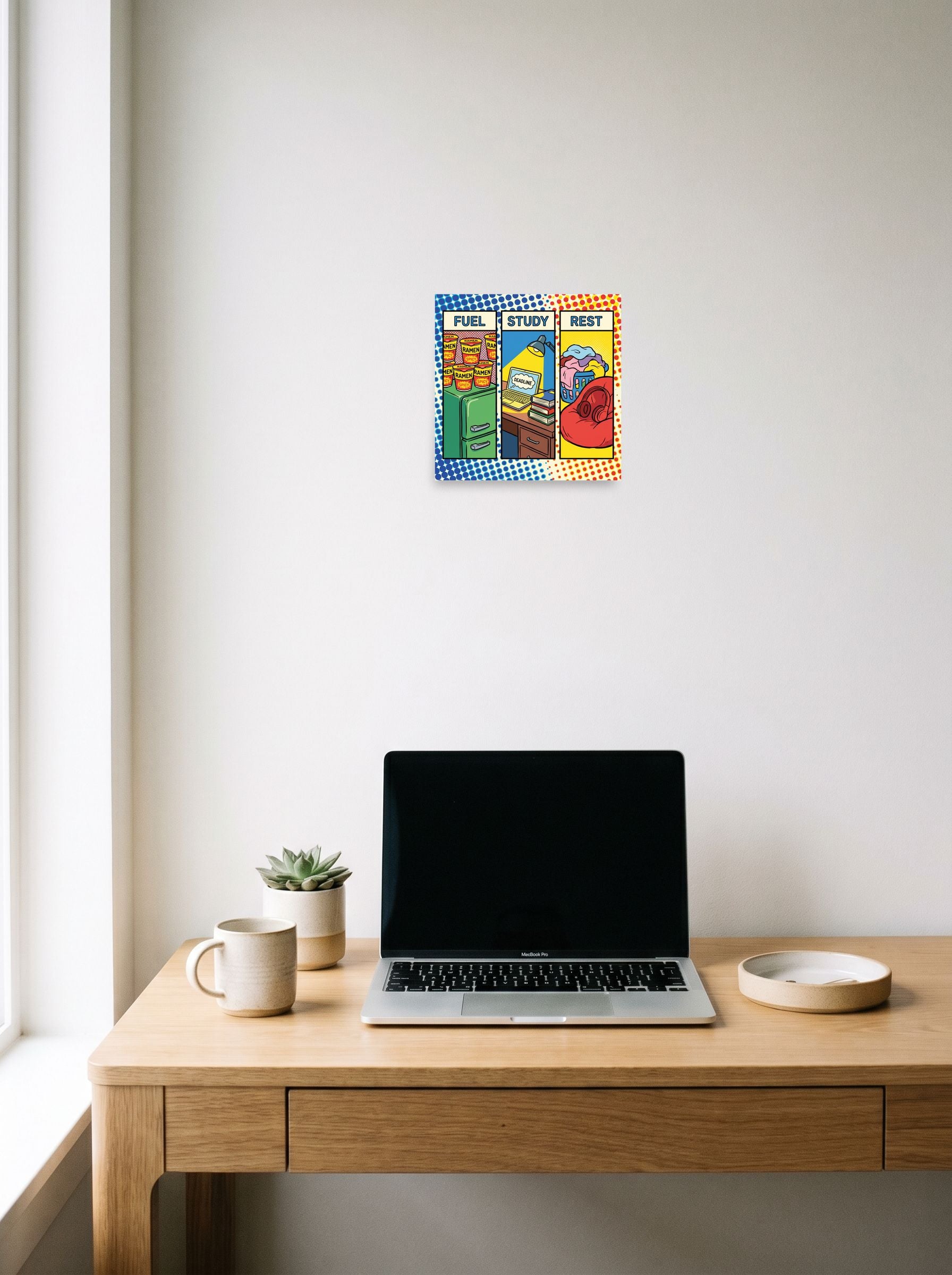 A 10x10 inch unframed paper Pop art print of 'The College Triad' hanging above a worktable with a laptop.