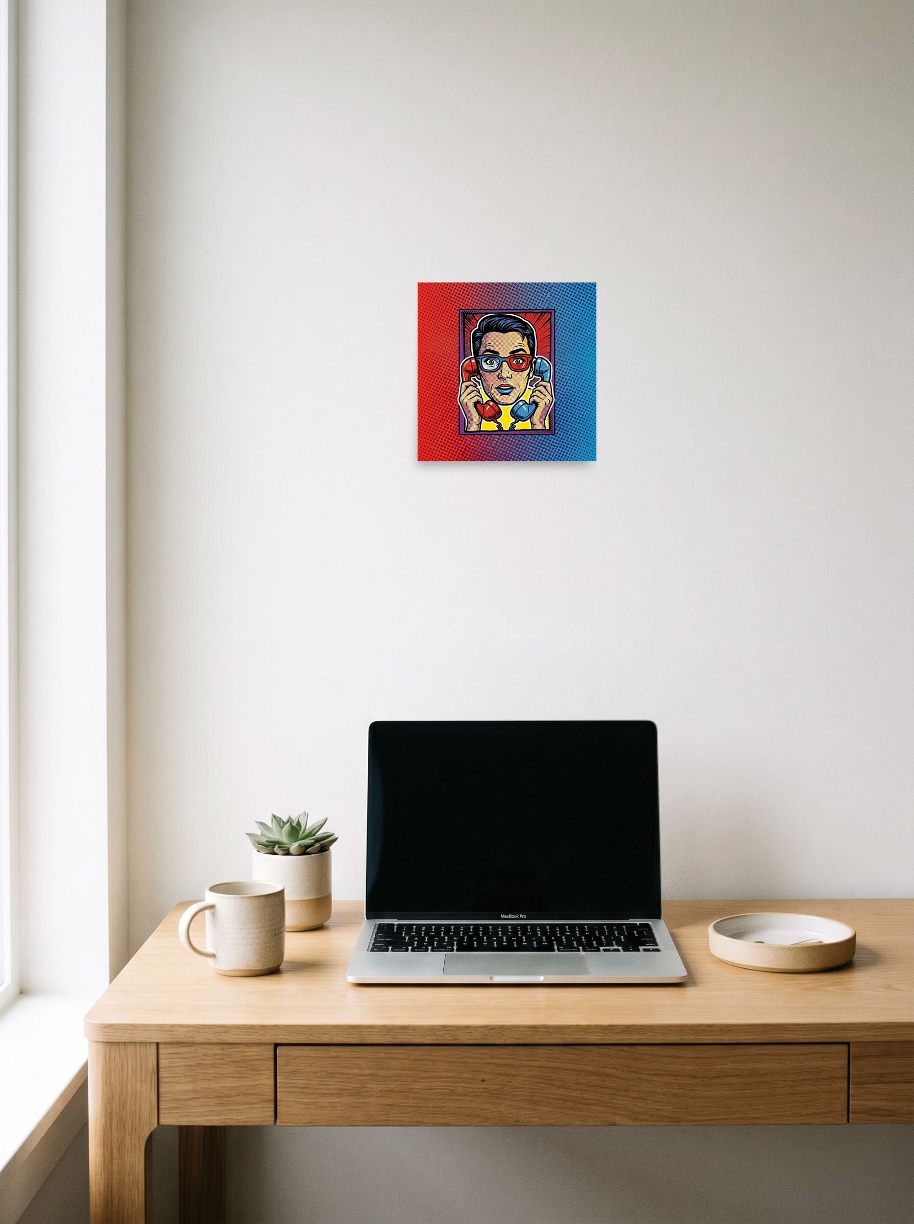 A 10x10 inch unframed paper Pop art print of 'Bipartisan Static' hanging above a worktable with a laptop.