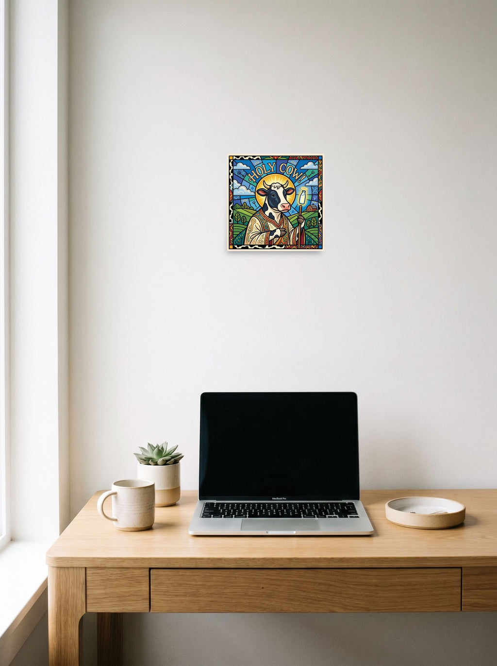 10x10 inch unframed paper print of 'Holy Cow!', displayed over a compact desk setup.