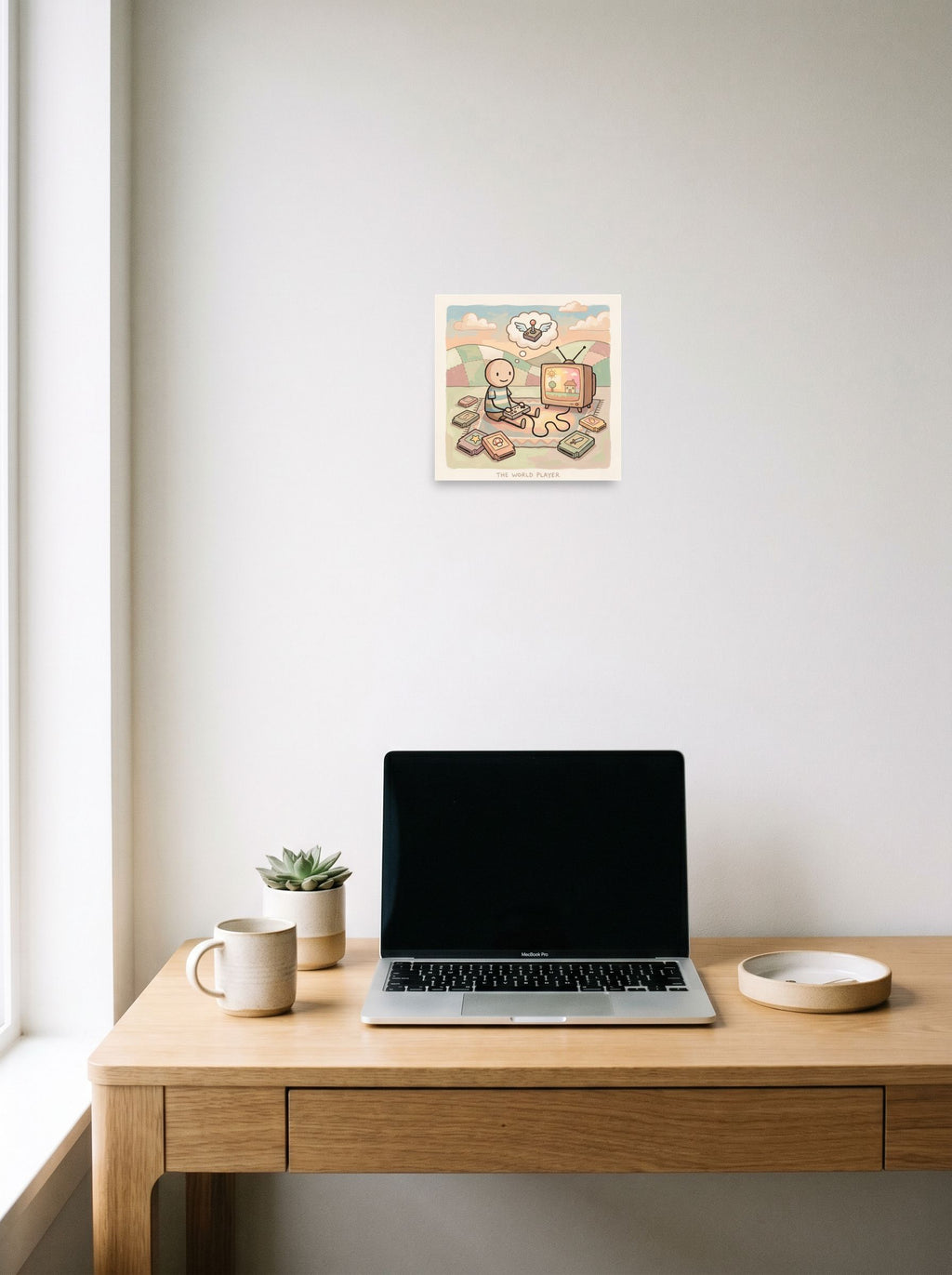 A 10x10 inch unframed paper Naive art print of 'The World Player' hanging above a worktable with a laptop.