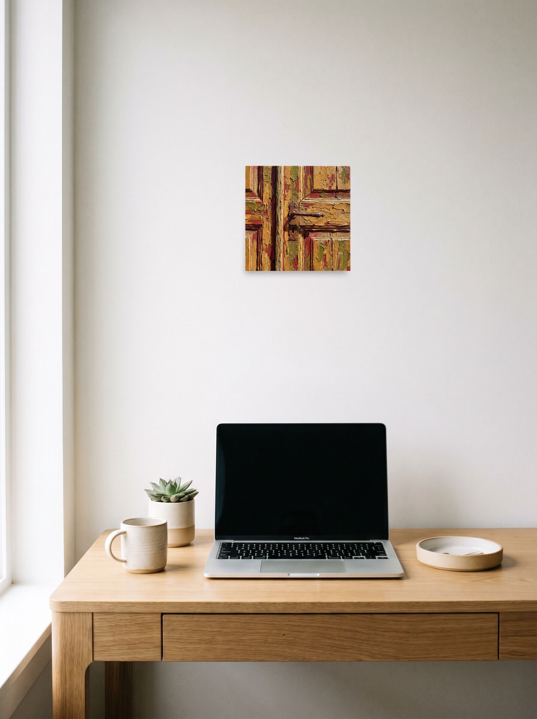 A 10x10 inch unframed paper Realism,Fine Art print of 'Weathered Passage' hanging above a worktable with a laptop.