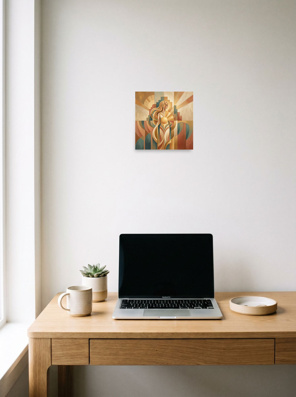 A 10x10 inch unframed paper Art Deco print of 'The Sun Guardian' hanging above a worktable with a laptop.