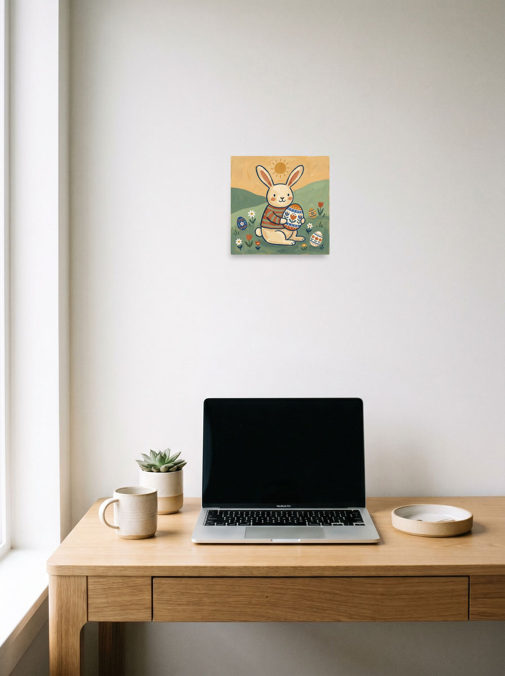 A 10x10 inch unframed paper Naive art print of 'Springtime Bunny' hanging above a worktable with a laptop.