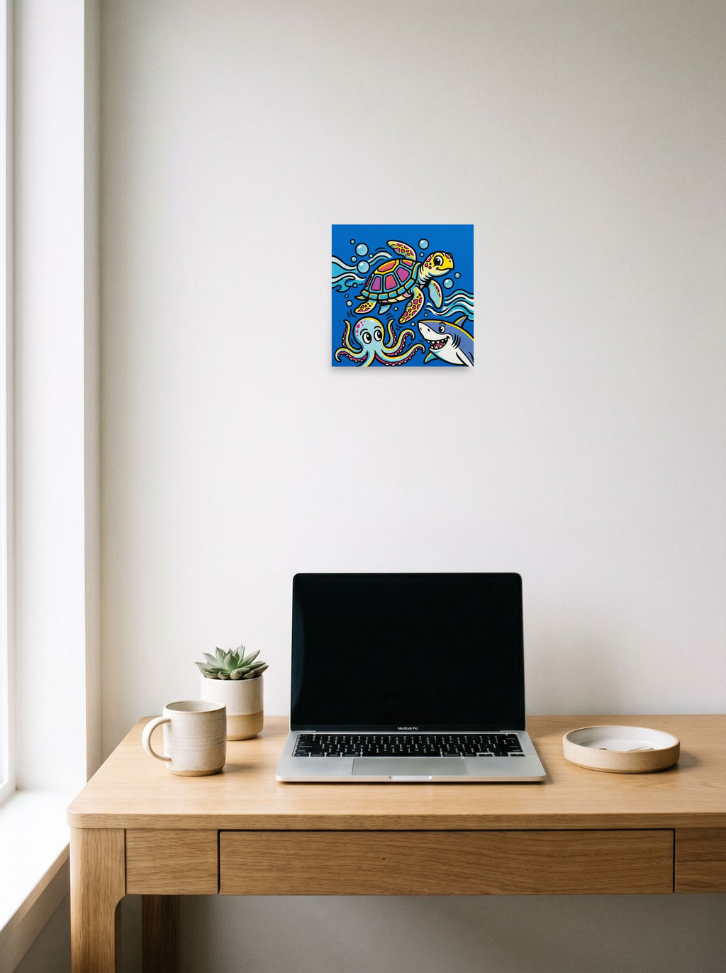 A 10x10 inch unframed paper Pop art print of 'Ocean Pop Symphony' hanging above a worktable with a laptop.
