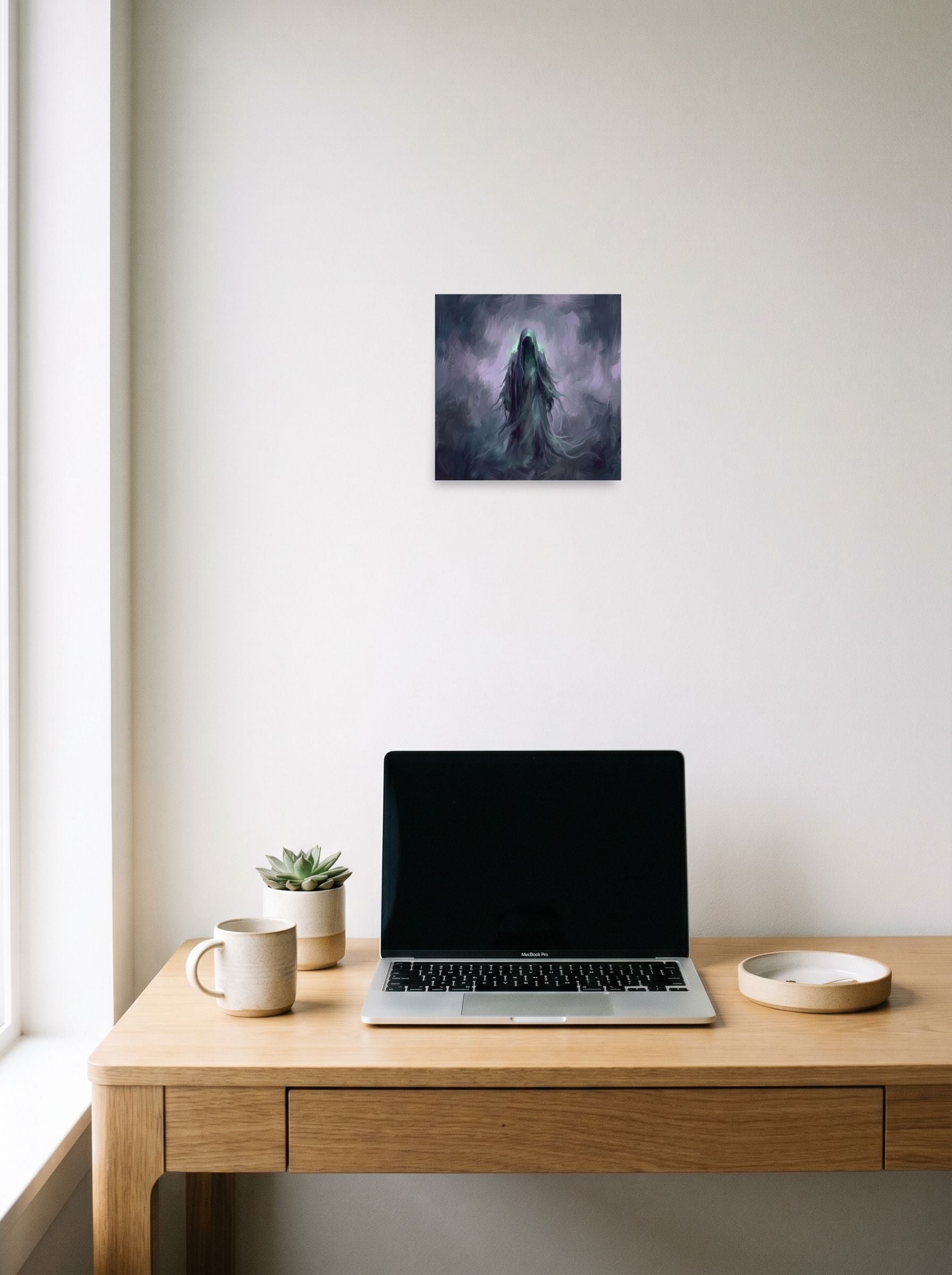 Symbolism wall art 'Phantom of Morpheus', unframed paper at 10x10 inch, displayed over a compact desk setup.