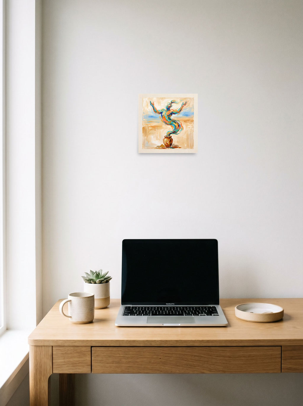 Mockup of 'Rise of the Djinn' as a 10x10 inch unframed paper print, hanging above a worktable with a laptop.