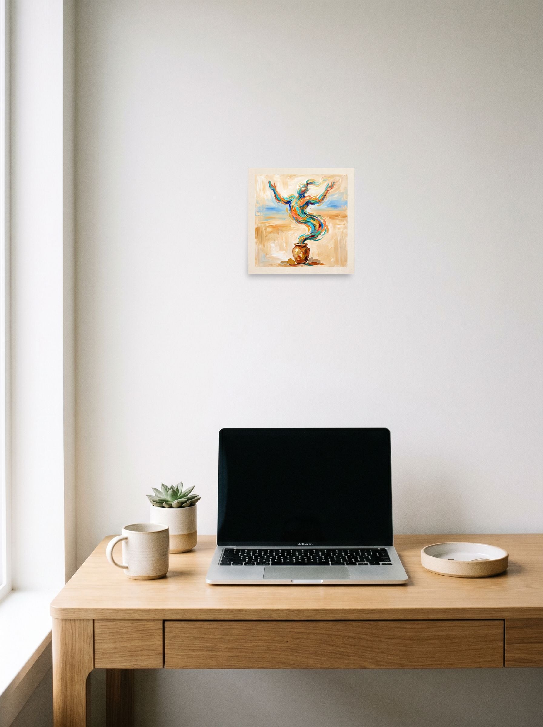 Mockup of 'Rise of the Djinn' as a 10x10 inch unframed paper print, hanging above a worktable with a laptop.