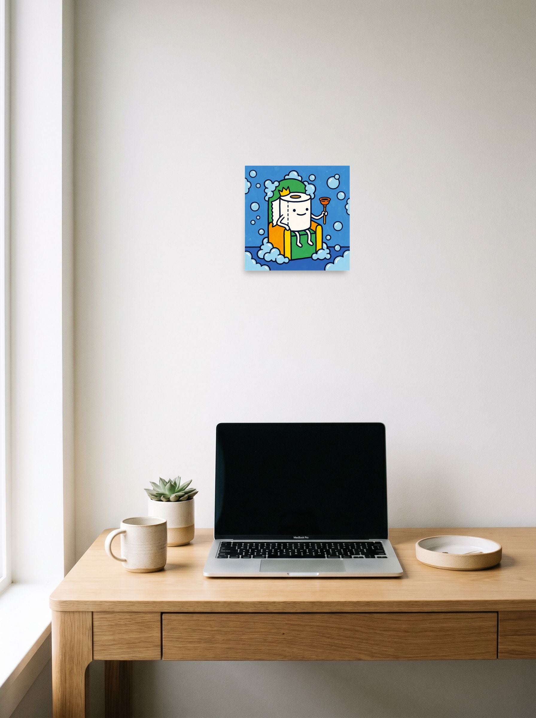 A 10x10 inch unframed paper Pop art,Cloisonnism print of 'King of the Bathroom' hanging above a worktable with a laptop.