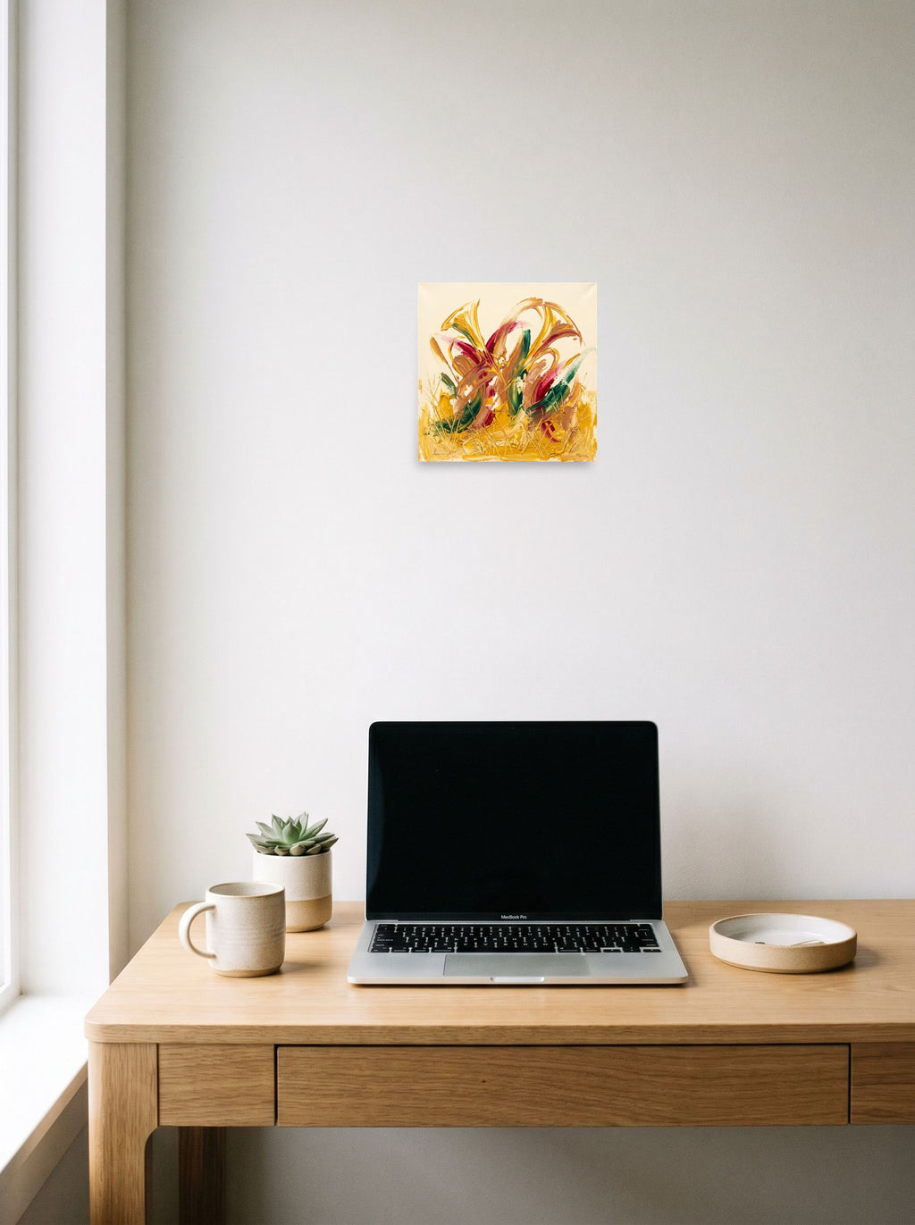 A 10x10 inch unframed paper Abstract expressionism print of 'Wild Flora in High Relief', displayed over a compact desk setup.