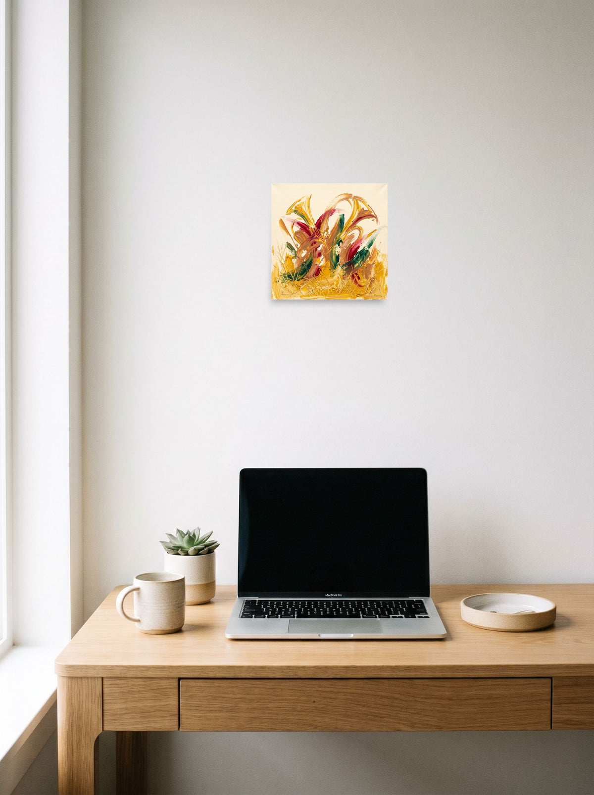 A 10x10 inch unframed paper Abstract expressionism print of 'Wild Flora in High Relief', displayed over a compact desk setup.