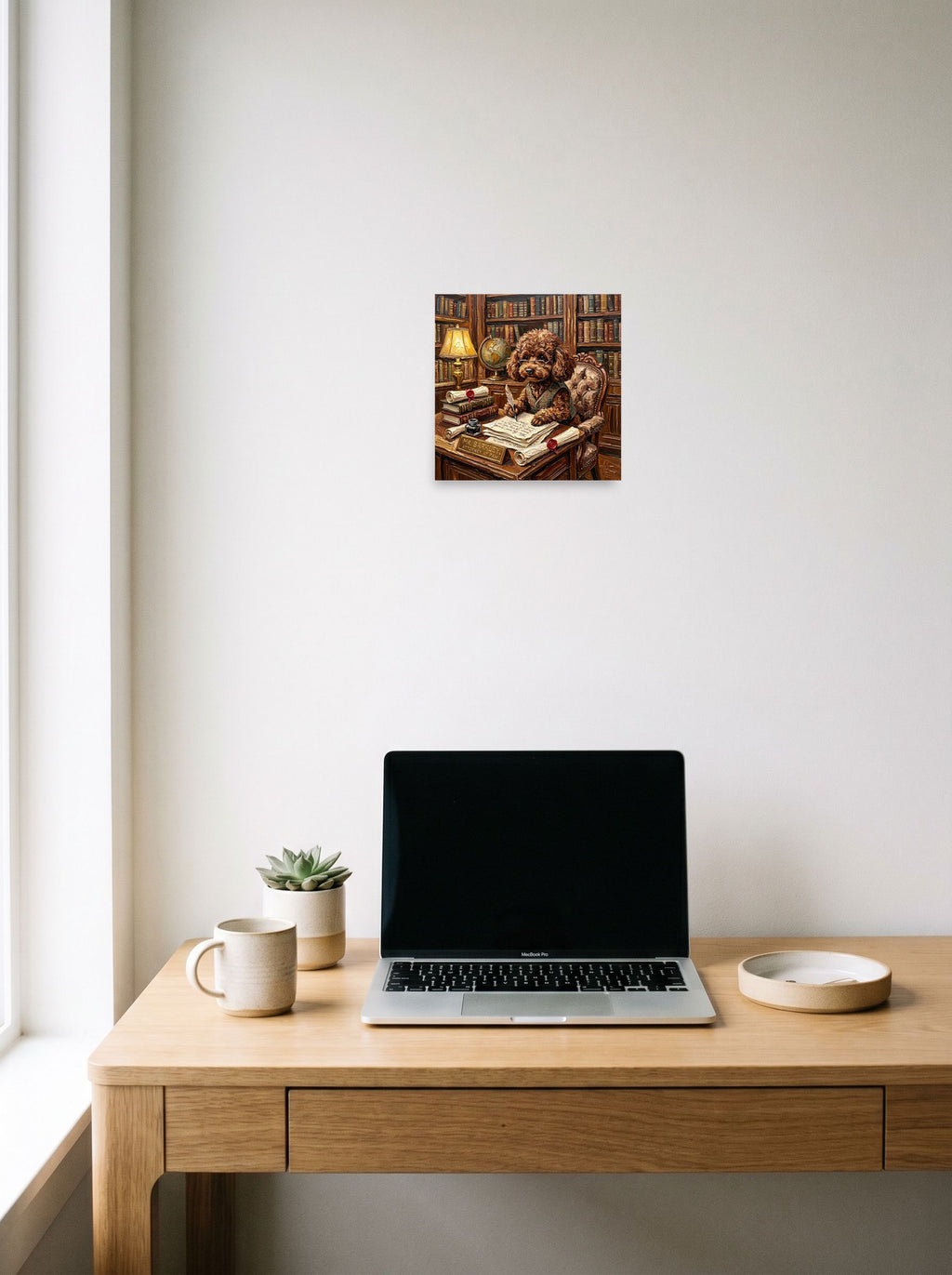 A 10x10 inch unframed paper Expressionism print of 'The Scholar's Treat' hanging above a worktable with a laptop.