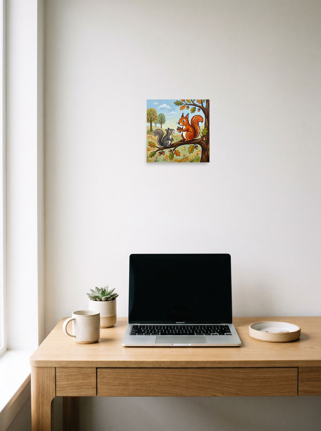A 10x10 inch unframed paper Naive art print of 'The Nut Gatherers' hanging above a worktable with a laptop.