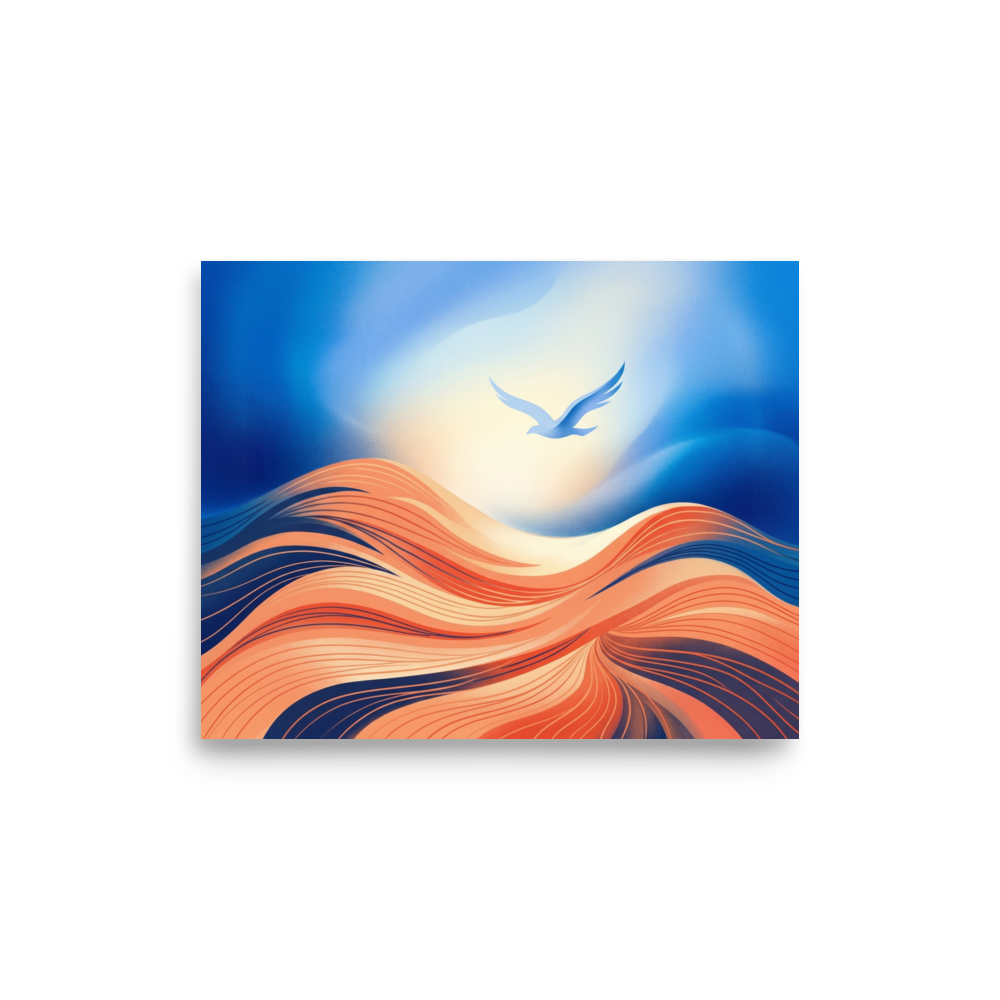 'Flight Over the Dunes' — a Abstract art print. A stylized bird flying over flowing textured orange waves or dunes under a bright blue sky, great for a Sunroom / Conservatory.