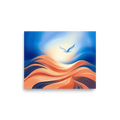 'Flight Over the Dunes' — a Abstract art print. A stylized bird flying over flowing textured orange waves or dunes under a bright blue sky, great for a Sunroom / Conservatory.