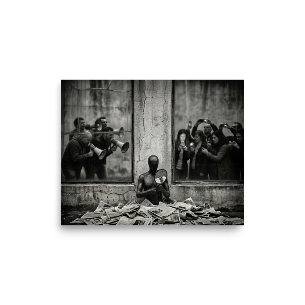 'The Spectacle' — a Surrealism print. A surreal black and white photograph of a faceless figure holding a cracked mirror amidst newspapers, surrounded by people shouting through megaphones and recording with phones, perfect for an Office.