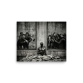 'The Spectacle' — a Surrealism print. A surreal black and white photograph of a faceless figure holding a cracked mirror amidst newspapers, surrounded by people shouting through megaphones and recording with phones, perfect for an Office.