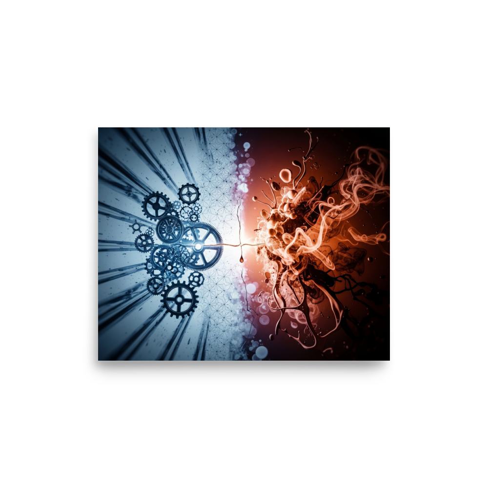 'Mechanical Genesis' — a Abstract art print. A striking contrast of blue mechanical gears and red organic fluid forms, ideal for a modern game room.