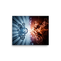 'Mechanical Genesis' — a Abstract art print. A striking contrast of blue mechanical gears and red organic fluid forms, ideal for a modern game room.
