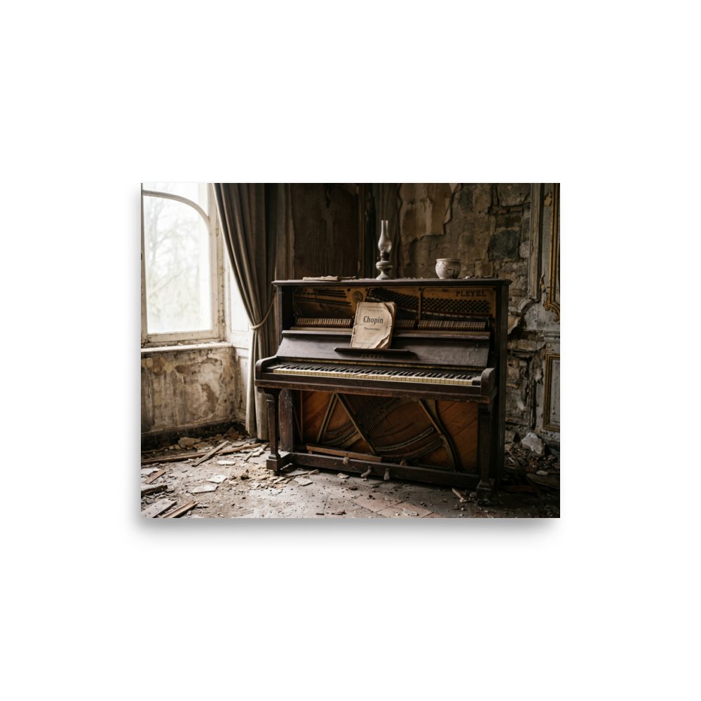 'The Forgotten Melody' — a Art photography print. A photograph of an old, dusty piano with Chopin sheet music in an abandoned room with peeling walls, perfect for bringing a touch of history to a Library.
