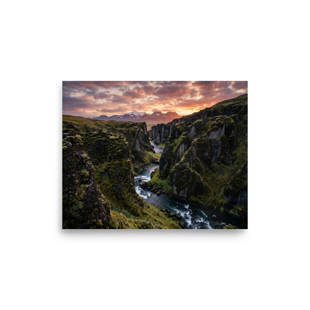 'Canyon of the Dawn' — a Art photography print. A stunning landscape photograph of a moss-covered canyon and river under a vibrant sunrise sky, perfect for bringing the beauty of nature into a Living Room.