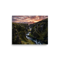 'Canyon of the Dawn' — a Art photography print. A stunning landscape photograph of a moss-covered canyon and river under a vibrant sunrise sky, perfect for bringing the beauty of nature into a Living Room.