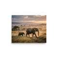 'Savannah Stroll' — a Art photography print. A photograph of a mother elephant and her calf walking through a sunlit, dusty savannah, a perfect nature piece for an Office.
