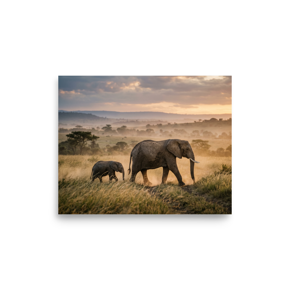 'Savannah Stroll' — a Art photography print. A photograph of a mother elephant and her calf walking through a sunlit, dusty savannah, a perfect nature piece for an Office.