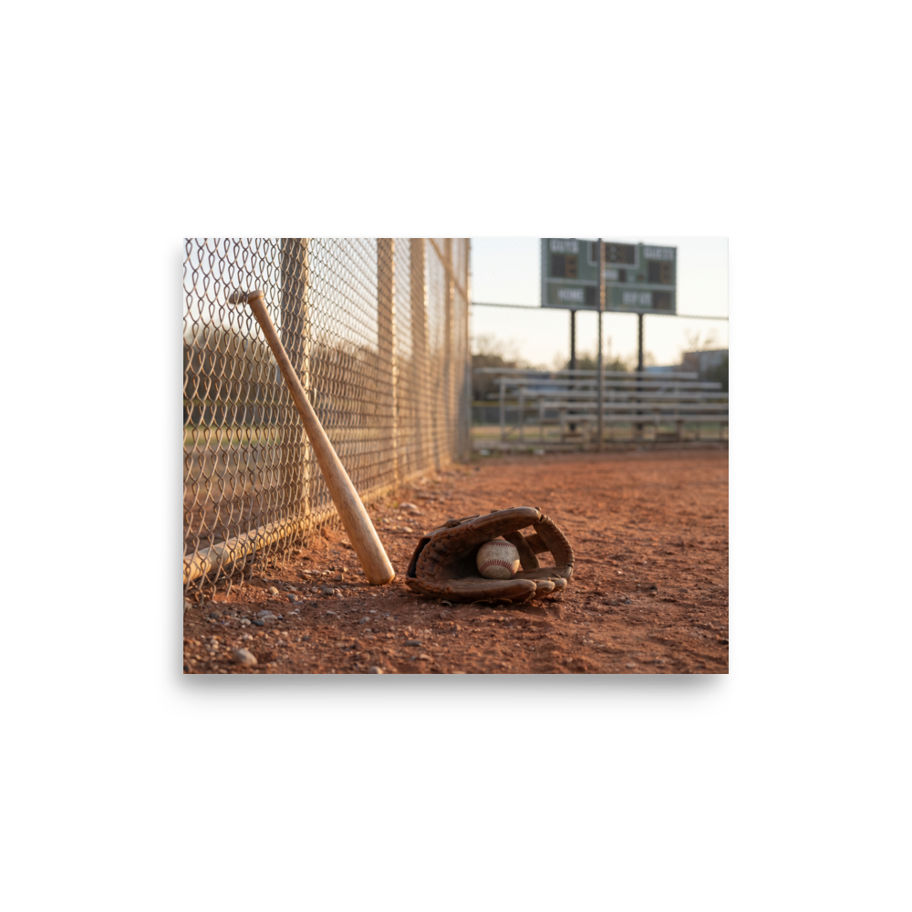 'Field of Memories' — a Art photography print. A photograph of a baseball bat leaning against a fence next to a glove and ball on a dirt field at sunset, a nostalgic piece for a Game Room.