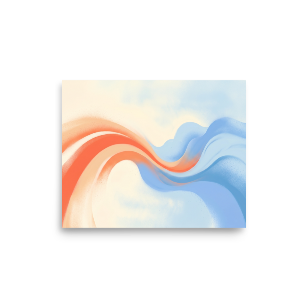 'Soft Serenade' — a Abstract art print. Soft sweeping abstract ribbons of pastel orange and blue on a warm background, beautifully suited for a Bedroom.