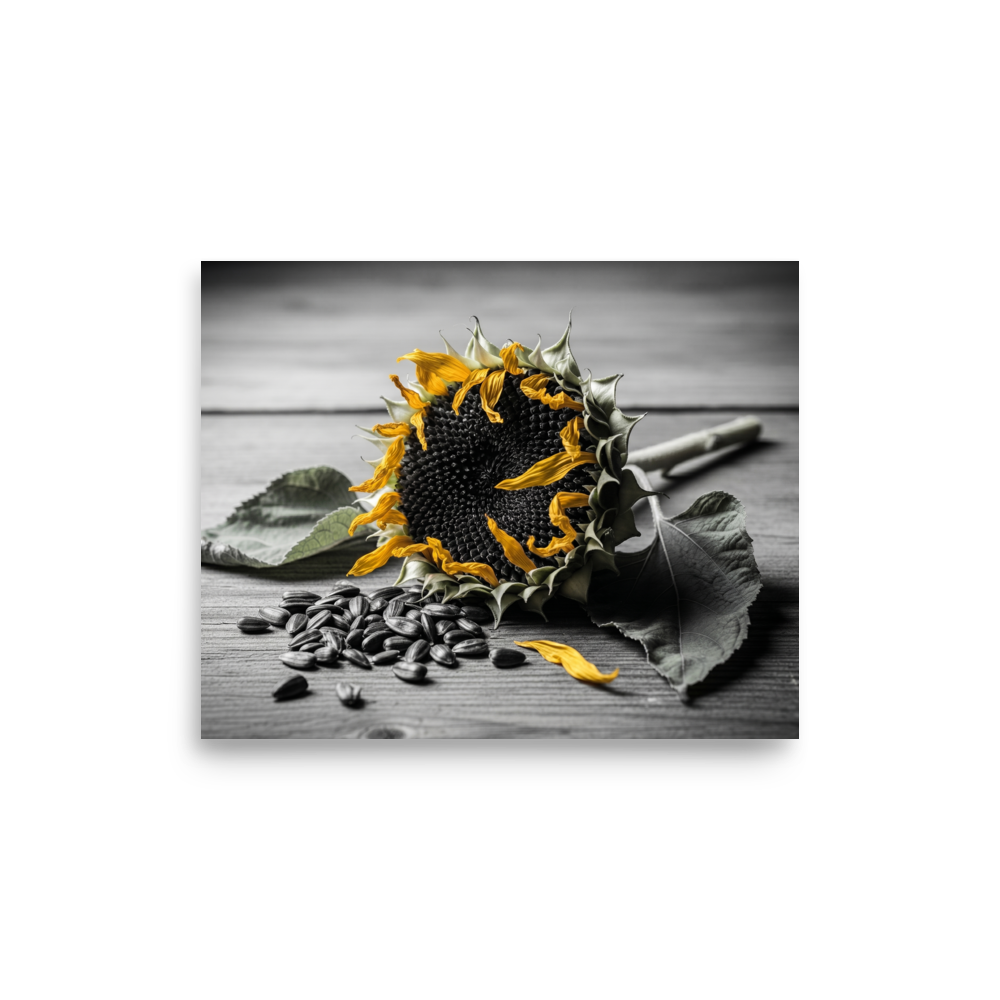 'Harvest Echoes' — a Art photography print. A selective color photograph of a dried sunflower and scattered seeds on a wooden table, offering a rustic yet modern touch for a Kitchen.