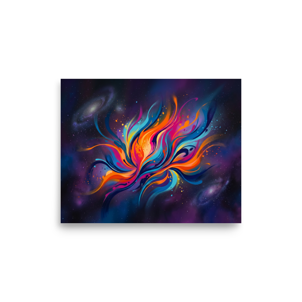 'Cosmic Flora' — a Abstract art print. An abstract colorful fluid explosion resembling a flower set against a dark starry space background, ideal for a Home Theater / Cinema.