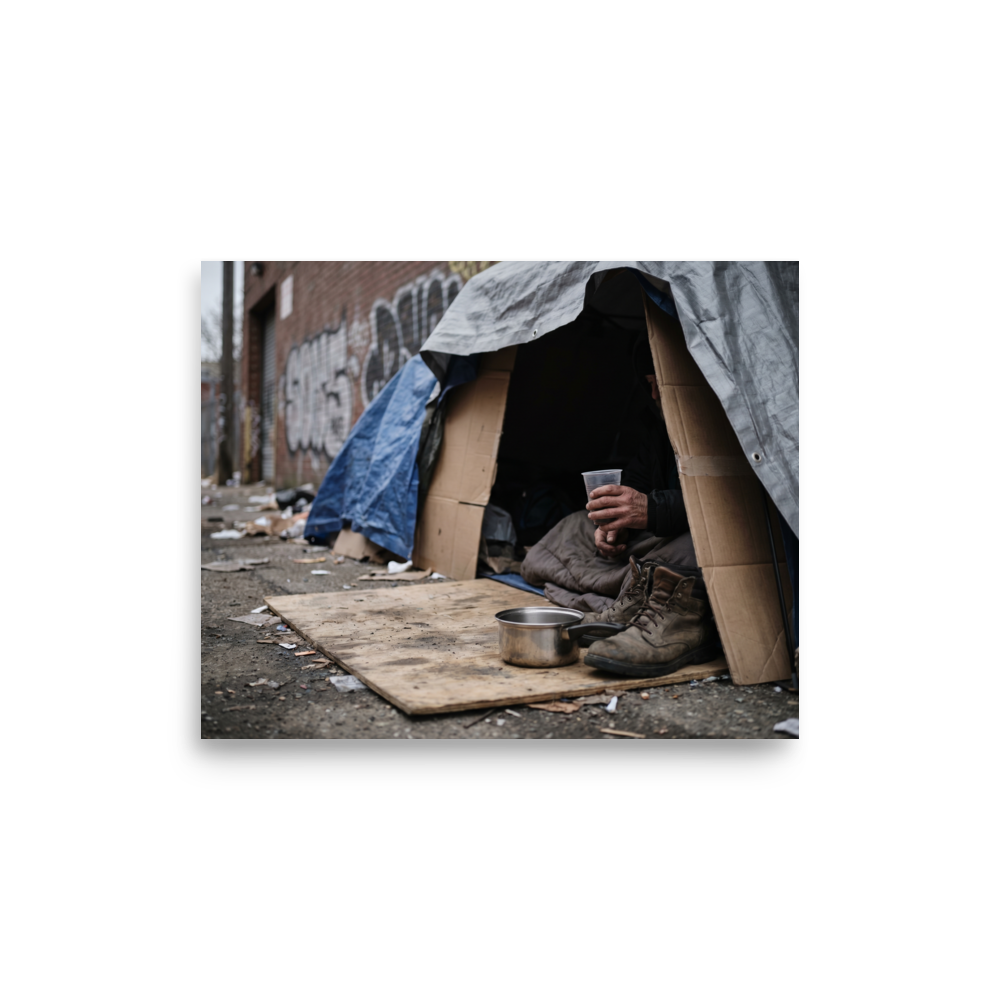 'Urban Realities' — a Art photography print. A photograph of a makeshift shelter made of tarps and cardboard on a dirty city street, with a person sitting inside holding a cup, a striking piece for a Gallery.