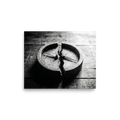'Lost Direction' — a Art photography print. Dramatic black and white photograph of an antique wooden compass cracked entirely in half on a textured table, ideal for an office or library.