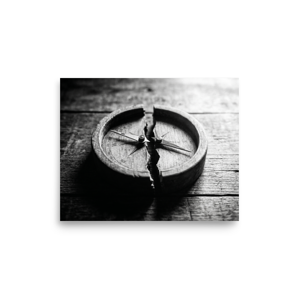 'Lost Direction' — a Art photography print. Dramatic black and white photograph of an antique wooden compass cracked entirely in half on a textured table, ideal for an office or library.