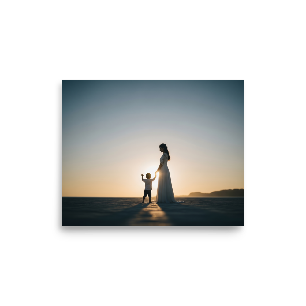 'Sunset Bond' — a Art photography print. A warm sunset silhouette of a mother in a long dress holding her child's hand on a wide beach, a beautiful and emotional piece for a cozy Bedroom.