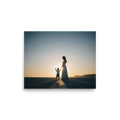 'Sunset Bond' — a Art photography print. A warm sunset silhouette of a mother in a long dress holding her child's hand on a wide beach, a beautiful and emotional piece for a cozy Bedroom.