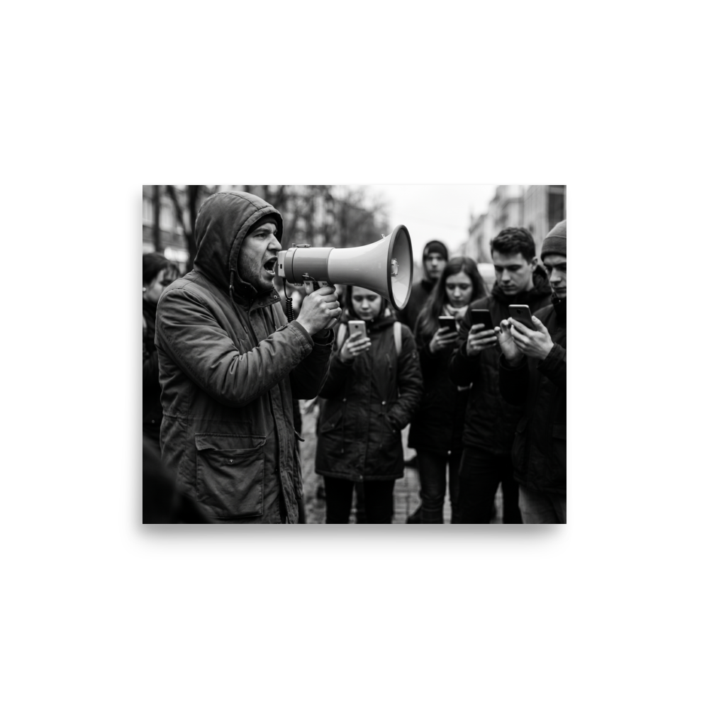 'Deafening Silence' — a Art photography print. Black and white photograph of a man shouting into a megaphone while the surrounding crowd ignores him to look at their smartphones, fitting for an office or den.